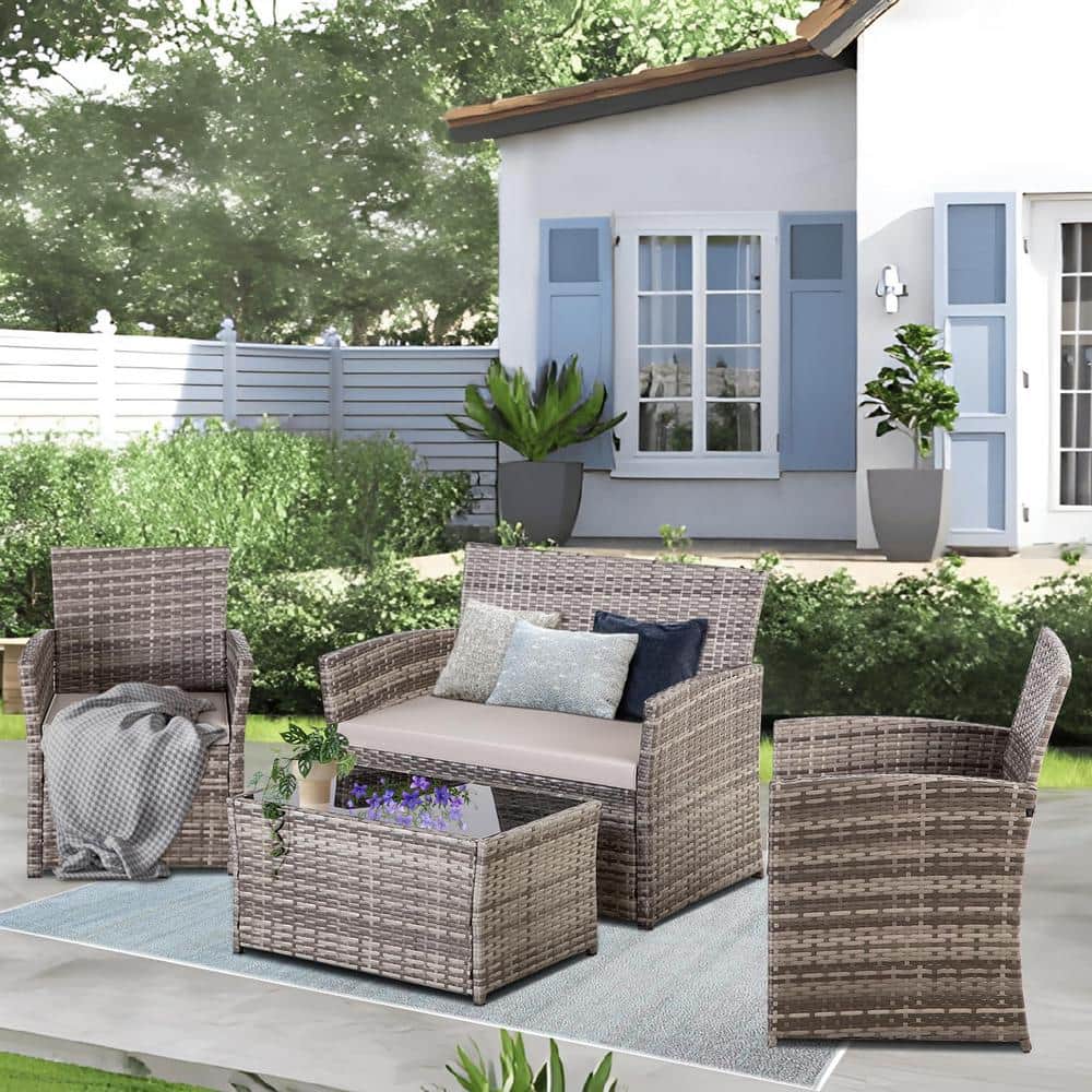 4-Piece Grey PE Rattan Wicker Outdoor Sectional Sofa Conversation Set with 