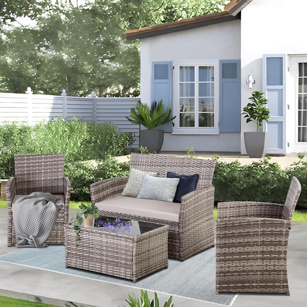 Unbranded 4-Piece Grey PE Rattan Wicker Outdoor Sectional Sofa Conversation Set with Grey Cushions