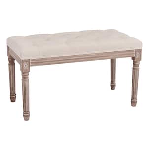Beige French Vintage Ottoman Bench with Linen Upholstery and Diamond Botton Tufting (18.5 in. x 31.5 in. x 16.5 in.)