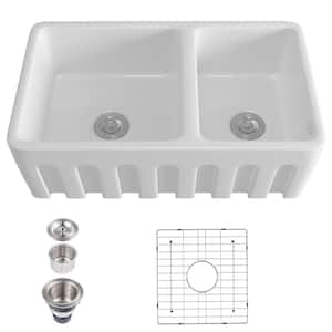 Ceramic 33 in. Double Bowl Farmhouse Apron Workstation Kitchen Sink with Grid and Strainer in White