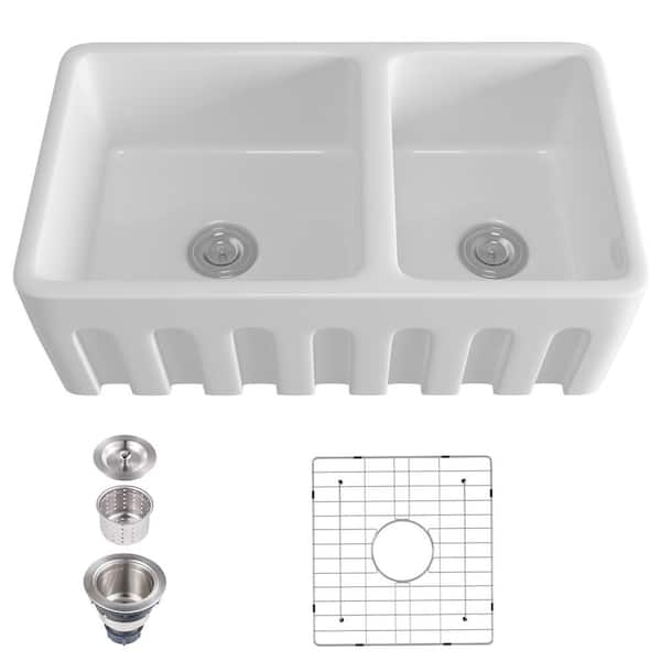 HOMEMYSTIQUE Ceramic 33 in. Double Bowl Farmhouse Apron Workstation Kitchen Sink with Grid and Strainer in White