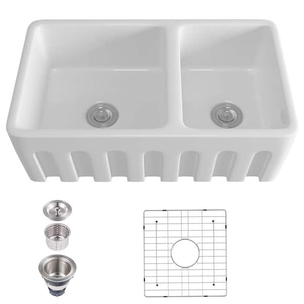 VANITYFUS Ceramic 32 .76 in. L Double Bowl Farmhouse Apron Kitchen Sink with Grid and Strainer