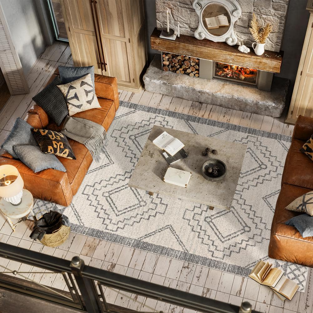 Cream and Gray Geometric Synthetic Square Area Rug