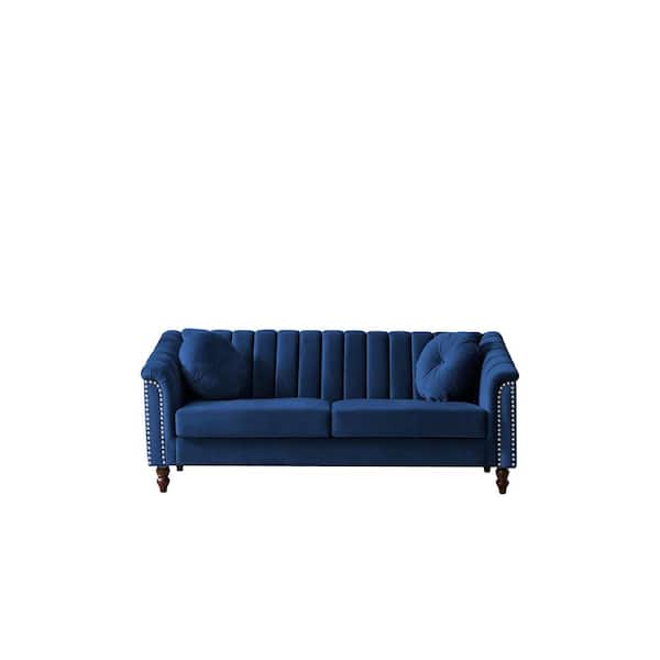 Unbranded 75.2 in. W Flared Arm Velvet 3-Seat Chesterfield Straight Sofa in Blue