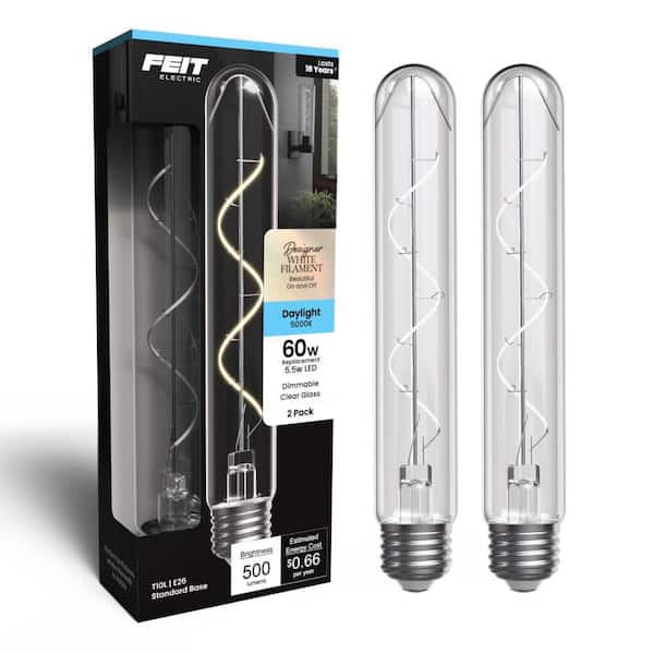 60W Equiv. T10L Dimmable Spiral White Filament Clear E26 Vintage Edison LED Tubular Light Bulb, Daylight 5000K (2-Pack)