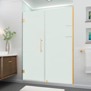BelmoreGS 61.25 in. to 62.25 in. W x 72 in. H Frameless Hinged Shower Door Frosted Glass & Glass Shelves in Brushed Gold