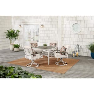 Marina Point 5-Piece White Steel Outdoor Patio Dining Set with CushionGuard Almond Tan Cushions & Painted Steel Tabletop