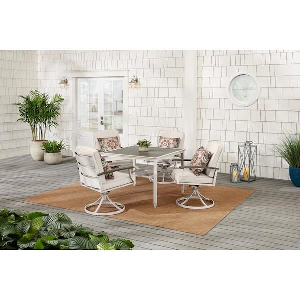 Hampton Bay Marina Point 5-Piece White Steel Outdoor Patio Dining Set with CushionGuard Almond Tan Cushions & Painted Steel Tabletop