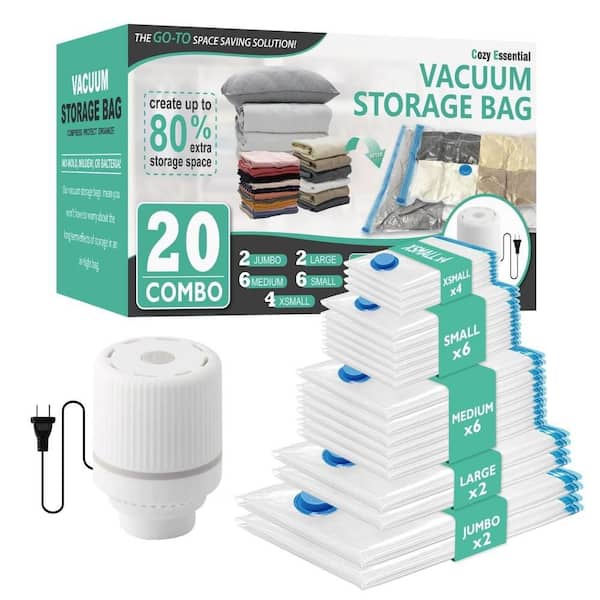 Numhew Space Saving Vacuum Garment Bag, Clear, 20 Pack Multi Sizes, Electric Pump Included, Airtight Seal for Bedding Storage