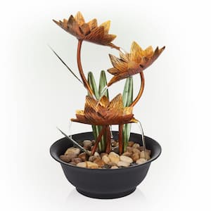 13 in. H Indoor Multi-Tier Metal Lotus Flower Tabletop Fountain with Stone-Filled Base