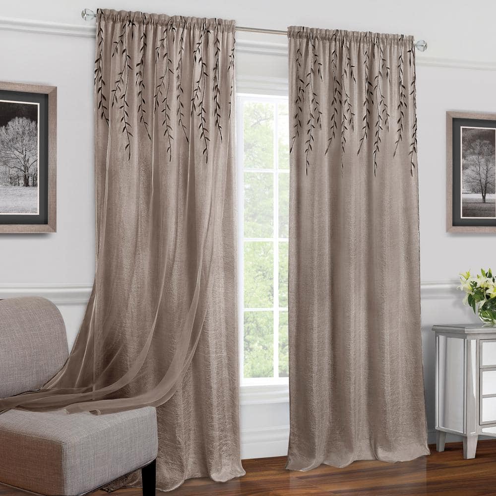 Ground Length Brown Embroidered Organza Rod Pocket Drapes