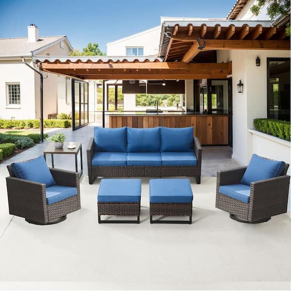 Gymojoy Valenta Brown 6-Piece Wicker Patio Conversation Seating Set with Blue Cushions