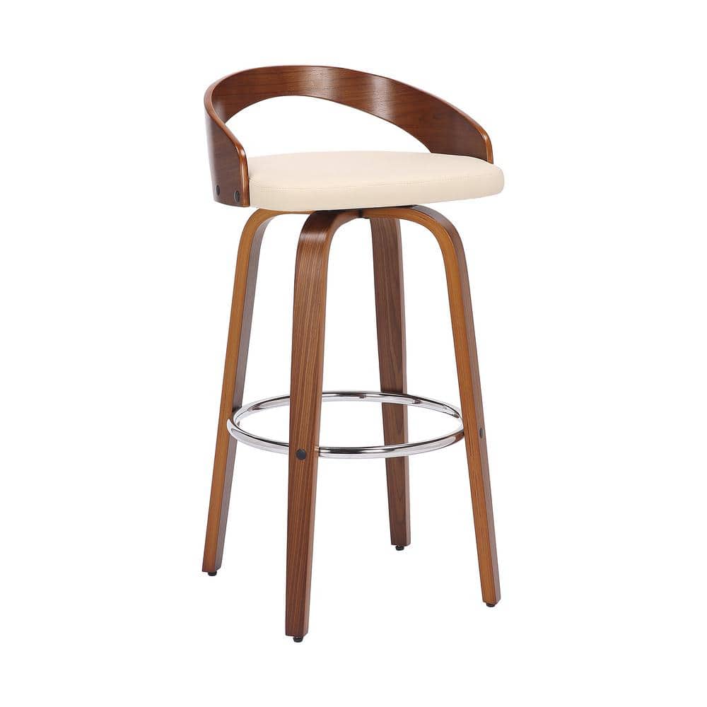 Cream Faux Leather and Walnut Wood Swivel Bar Stool, 30"