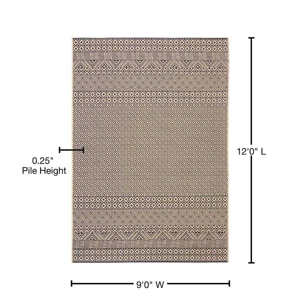 Beige and Black 9' x 12' Synthetic Flat Woven Reversible Rug