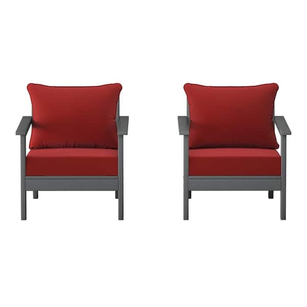 Birchwood Gray Outdoor Patio (Set of 2) Deep Seating HDPE Lounge Chairs w/ Red Cushions