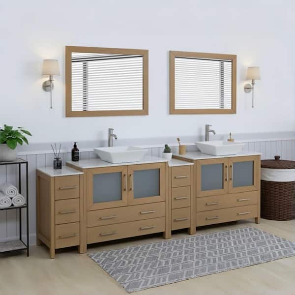 Ravenna 96 in. Double Sink Freestanding Natural Oak Bath Vanity with White Engineered Marble Top, Vessel Sink and Mirror