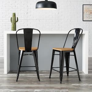 Finwick Black Metal Backed Counter Stool with Natural Wood Seat (Set of 2)