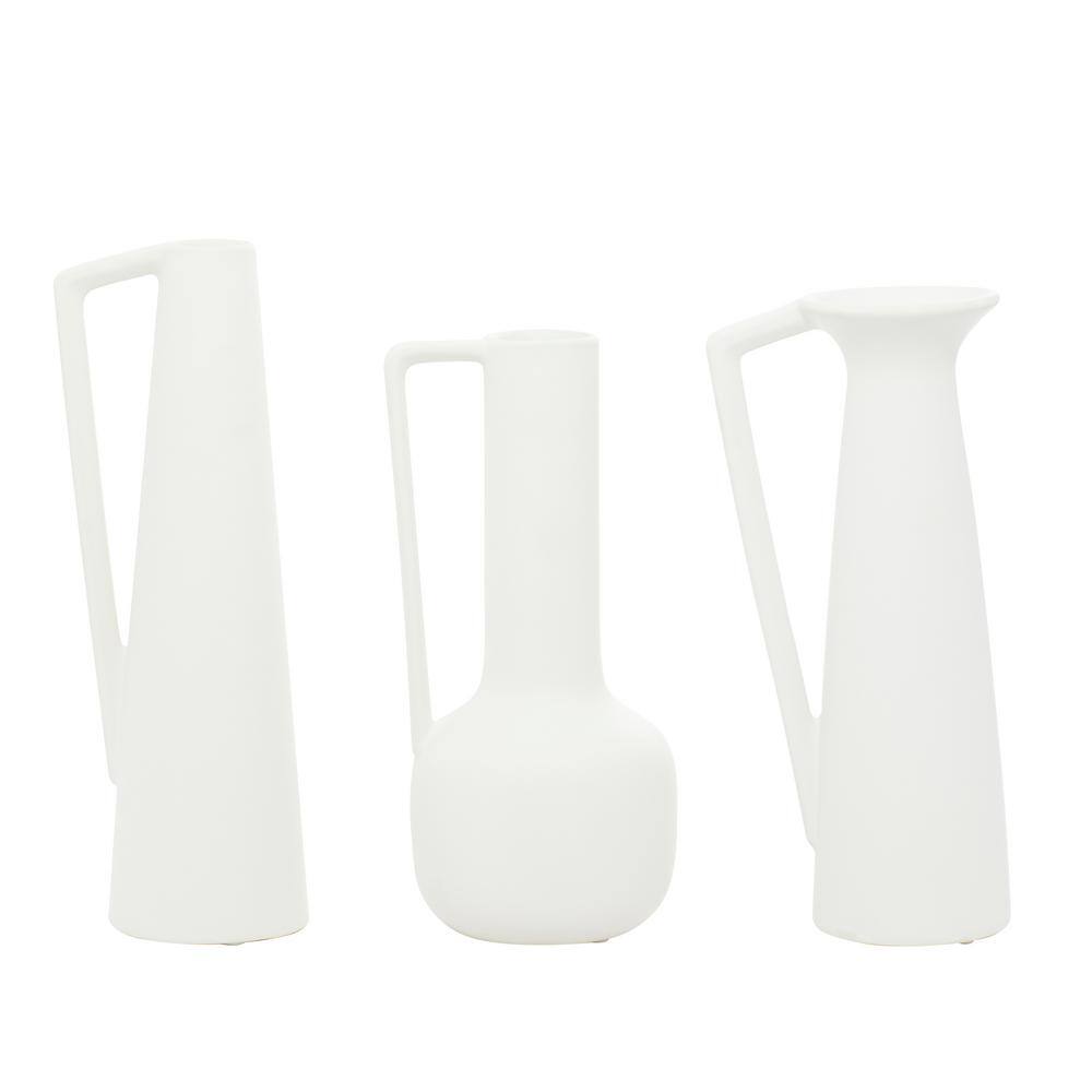 Elegant White Ceramic Vase Trio with Geometric Handles