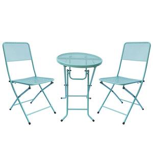 Blue 3-Piece Metal Round Outdoor Bistro Set with 2 Folding Chairs