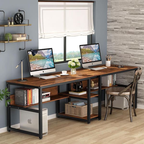 Tribesigns 2 Person Desk, 78 inch Double Desk with 2 Drawers, Large Computer Desk Long Desks with Storage Shelves, Brown