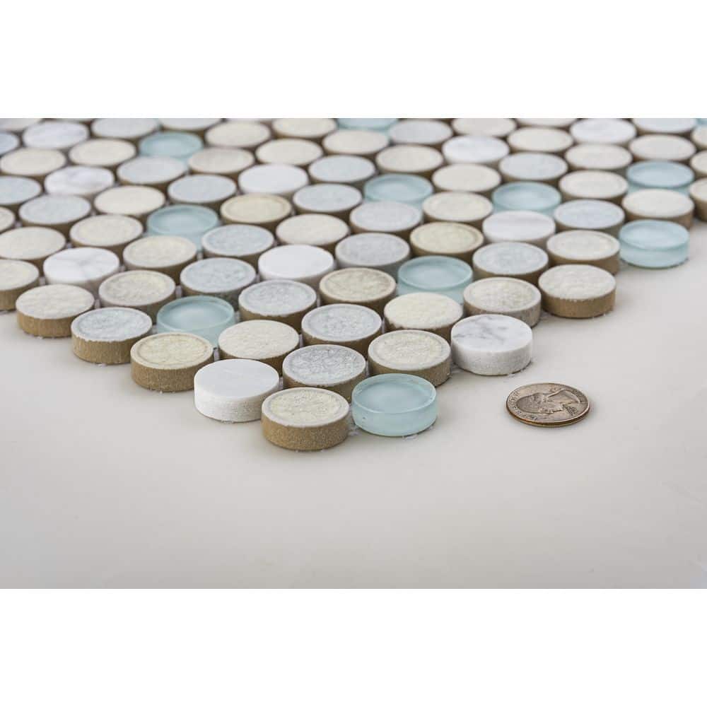 Retro Blue and White Penny Round Marble Mosaic Tile