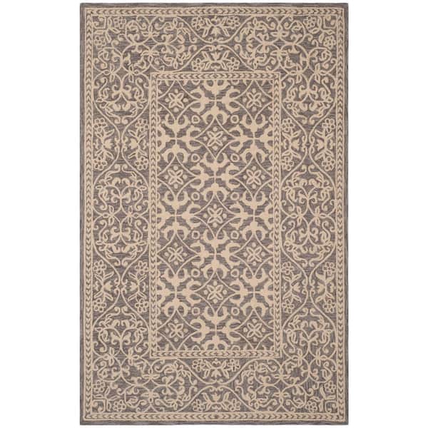 Suzani 5 ft. x 8 ft. Gray/Beige Oriental Border Area Rug