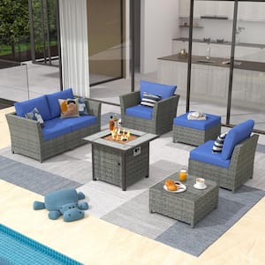 Fontainebleau Gray 7-Piece Wicker Outerdoor Patio Fire Pit Set with Navy Blue Cushions