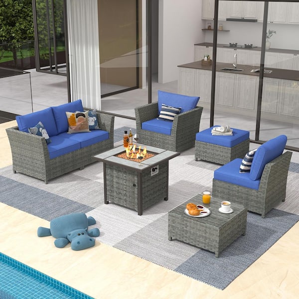 XIZZI Fontainebleau Gray 7-Piece Wicker Outerdoor Patio Fire Pit Set with Navy Blue Cushions