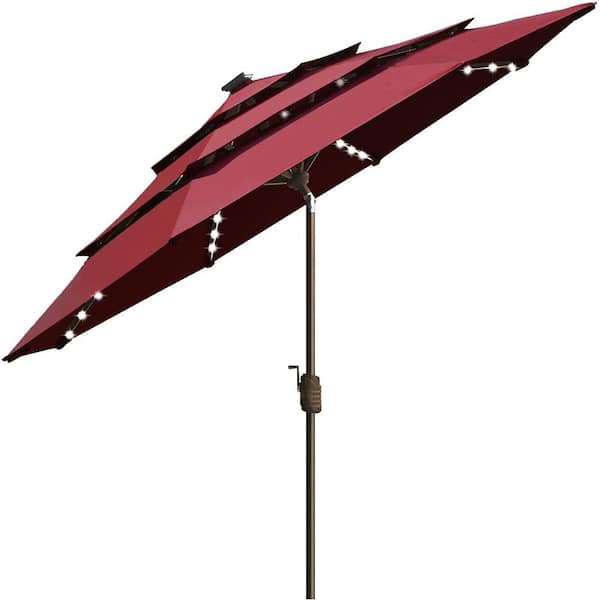 Terracemaster 9 ft. 3-Tiers Market Umbrella Umbrellas 10-Year-Non-Fading Sunumbrella with 80 LED Lights in Burgundy