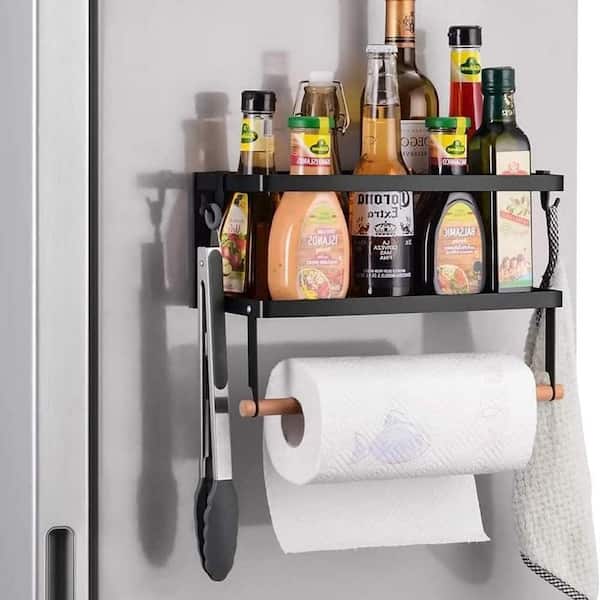 Magnetic Mount Black Paper Towel Holders and 1-Tier Spice Rack for Fridge Kitchen Organization and Countertop Storage