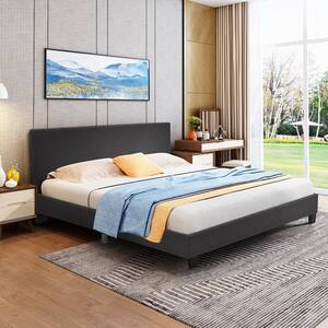 Gray Full Upholstered Platform Bed Frame with Linen Headboard Wood Slat