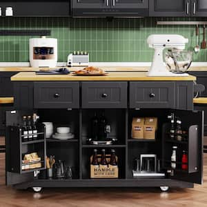 Black Wood 53.1 in. W Rolling Kitchen Island Cart with Drop Leaf, 3-Drawers and Side Open Shelves