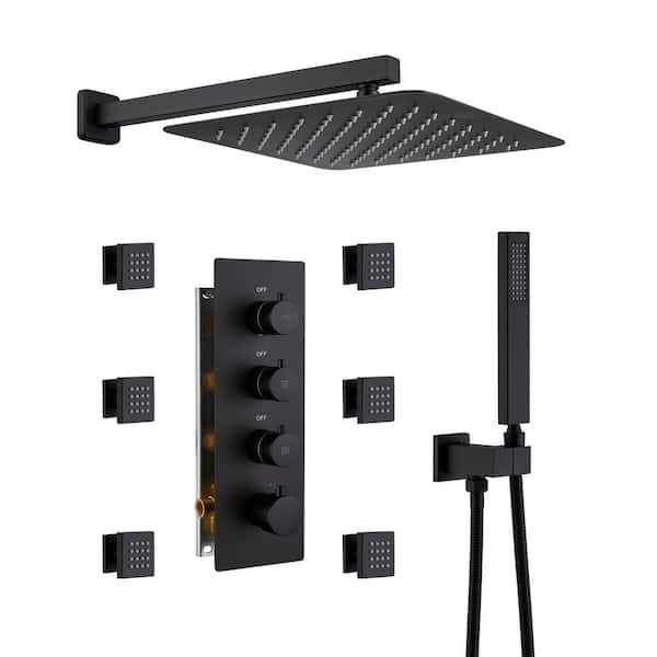 Thermostatic 3-Spray 12 in. 2.5 GPM Wall Mount Dual Shower Head and Handheld Shower Head with 6-Body Jets in Matte Black
