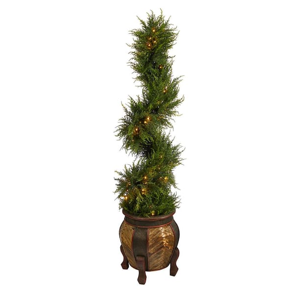 4.5 ft. Indoor/Outdoor Spiral Cypress Artificial Tree in Decorative Planter with 80-Clear LED Lights UV Resistant