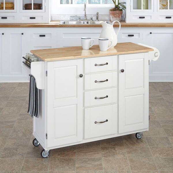 Homestyles Create A Cart White Kitchen Cart With Natural Wood Top 9100 1021 The Home Depot