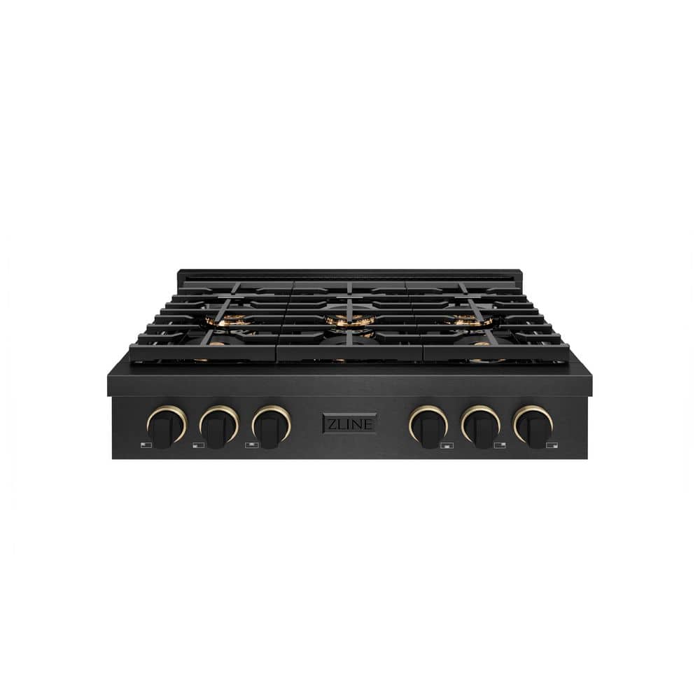 Designer 36 in. Paramount Gas Rangetop with 6 Burner DuoProâ„¢ Cooktop in Black Satin with Black and Champagne Accents