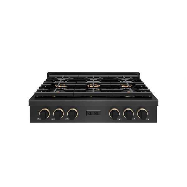 Designer 36 in. Paramount Gas Rangetop with 6 Burner DuoPro™ Cooktop in Black Satin with Black and Champagne Accents