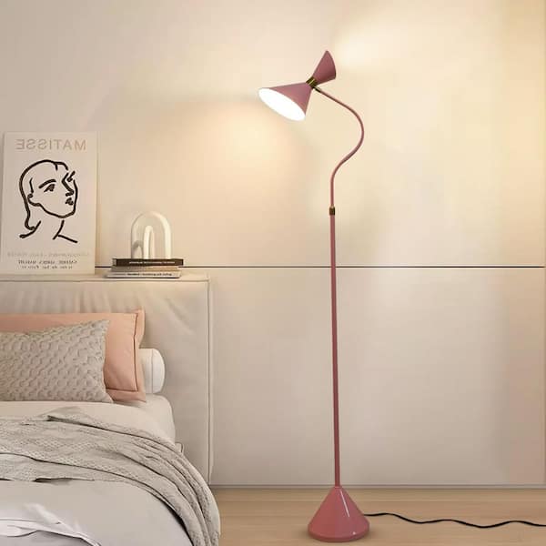 65 in. Pink 2-Light Arc Floor Lamp for Living Room with Adjustable Shade and 2 Bulbs Included
