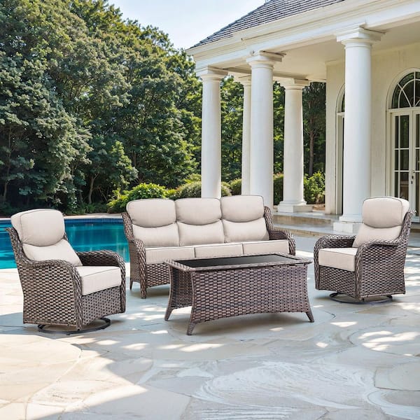 JHXL 5-Piece Outdoor Wicker Patio Conversation Set Swivel Rocking Chair with Beige Cushions