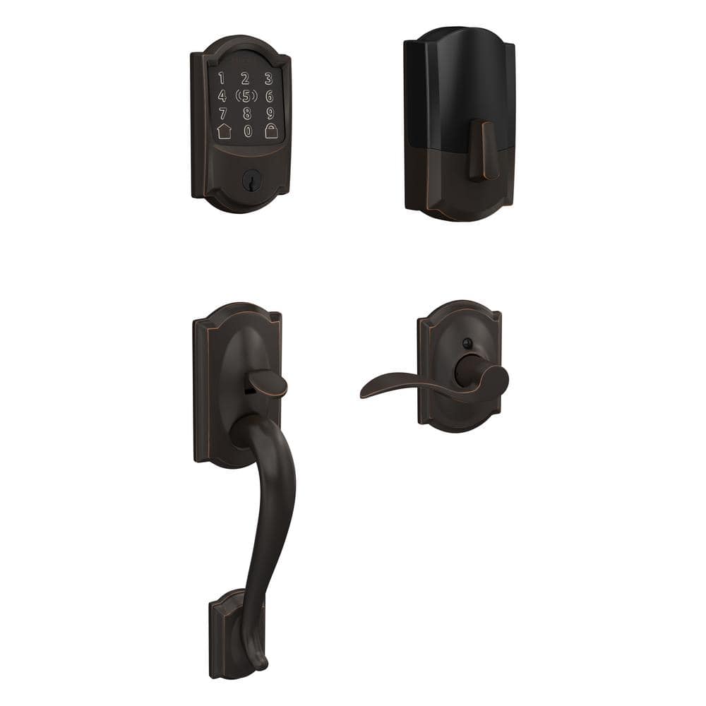 Schlage Camelot Aged Bronze Encode Plus Smart WiFi Deadbolt and Handleset Grip with Accent Door Handle and Camelot Trim BE499WB CAM 716 FE285 G CAM 716 ACC CAM