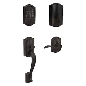 Camelot Aged Bronze Encode Plus Smart WiFi Deadbolt and Handleset Grip with Accent Door Handle and Camelot Trim