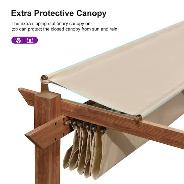 10 ft. W x 10 ft. D Modern Natural Wood Grain Aluminum Pergola with Khaki Adjustable Sun Canopy and Protective Roof