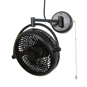 10 in. 2-Speeds Wall Fan in Black with Pull Chain Control 180° Oscillate