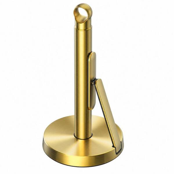 Heavy-Duty Stainless Steel Paper Towel Holder with Tension Arm, Standing Countertop Dispenser for Kitchen, Gold