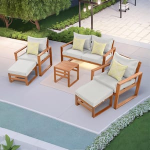 Outdoor Patio Wood 6-Piece Conversation Set Sectional Garden Seating Groups Chat Set with Ottomans and Gray Cushions
