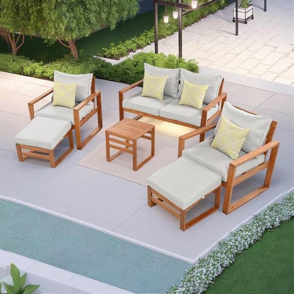 myhomore Outdoor Patio Wood 6-Piece Conversation Set Sectional Garden Seating Groups Chat Set with Ottomans and Gray Cushions