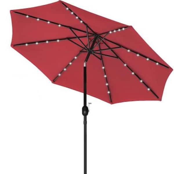 ITOPFOX 9 ft. Solar Patio Umbrella Table Market with Push Button Tilt/Crank and 32 LED Lighted, Red