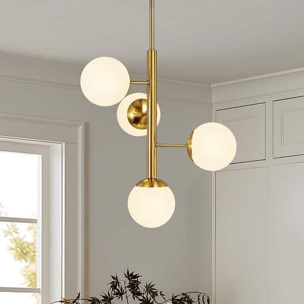 4-Light Modern Gold Sputnik Linear Chandelier With Glass Globe Shades Mid Century Kitchen Pendant Light for Dining Room