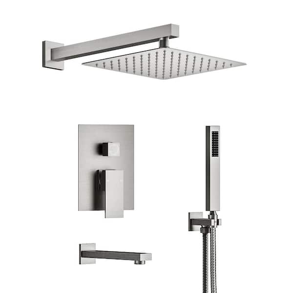YAWWALK Double Handles 3-Spray 10 in. Wall Mount Shower Head Tub and Shower Faucet in Brushed Nickel (Valve Included)