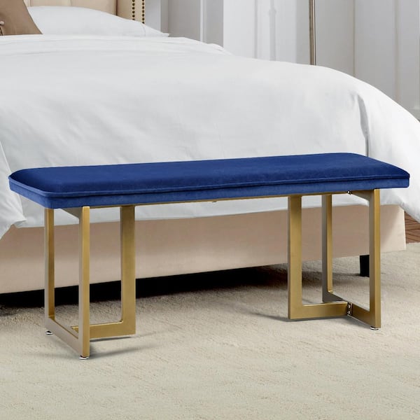 Homy Casa Slip Royal Blue Fabric Gold Legs Bench 18.5 in. H x 44.5 in. W x 15 in. D